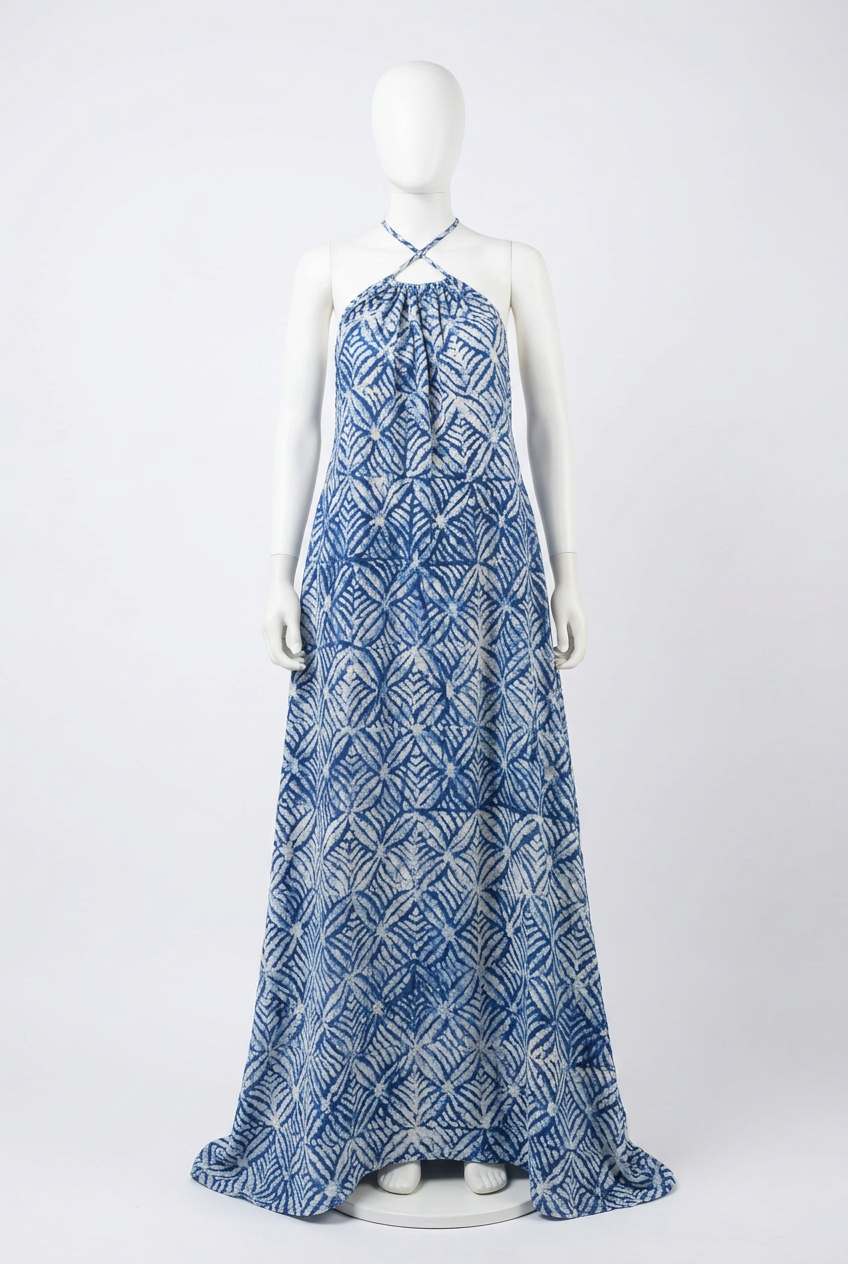 Blue Batik Halter Maxi Dress on a mannequin