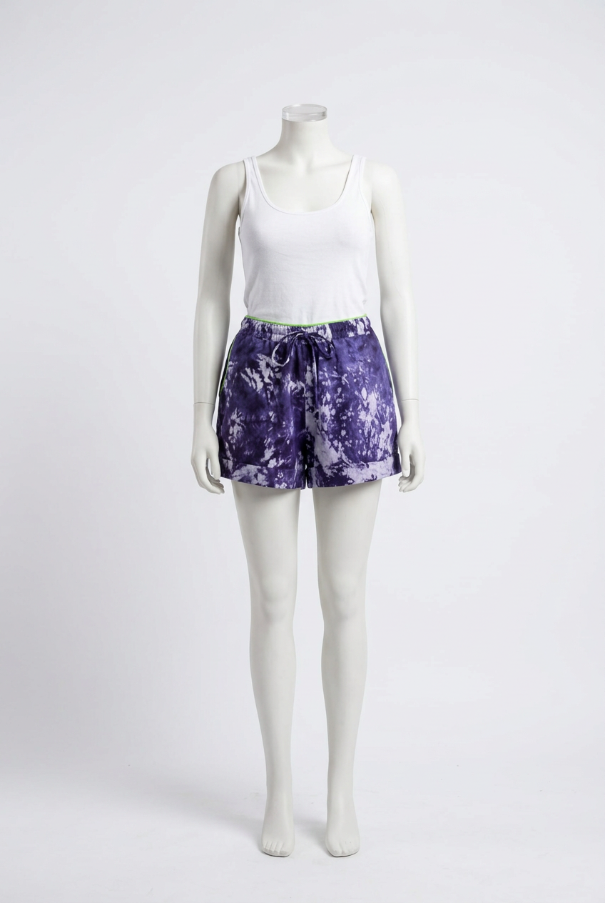 Purple Batik Shorts on a mannequin