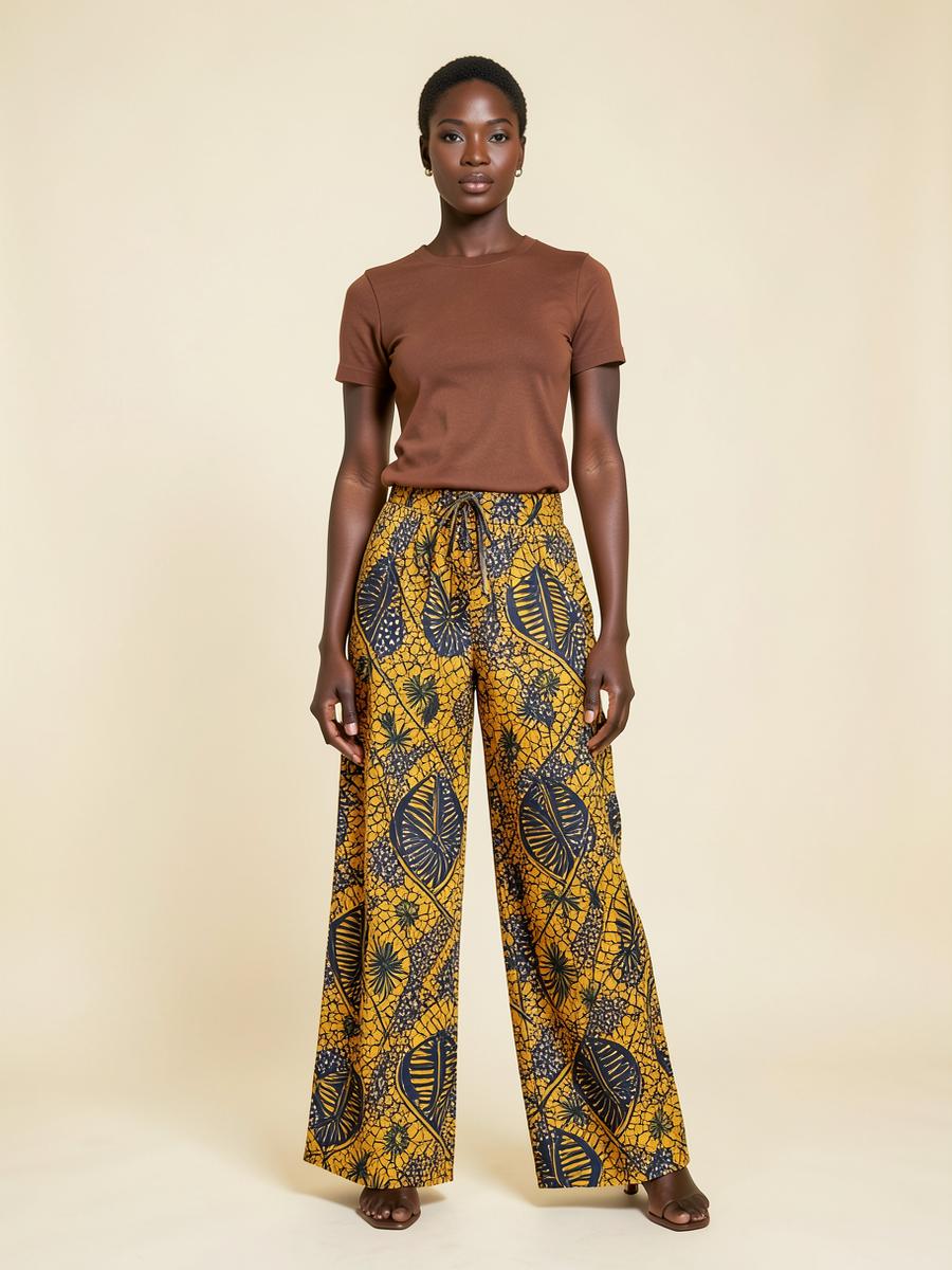 Model wearing the Amina ankara wide-leg trousers