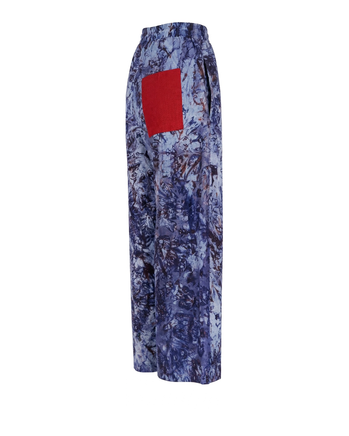 Wide-Leg Batik Trousers — Blue with Red Pocket