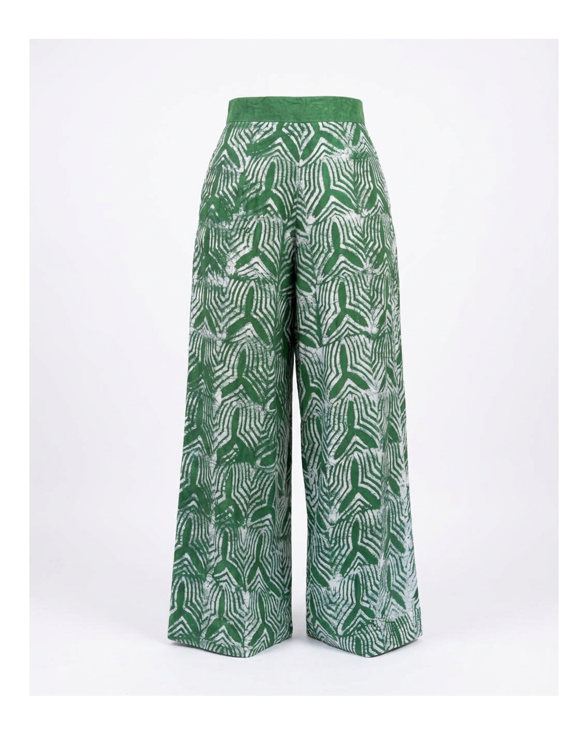 Wide-Leg Batik Trousers — Green Geometric