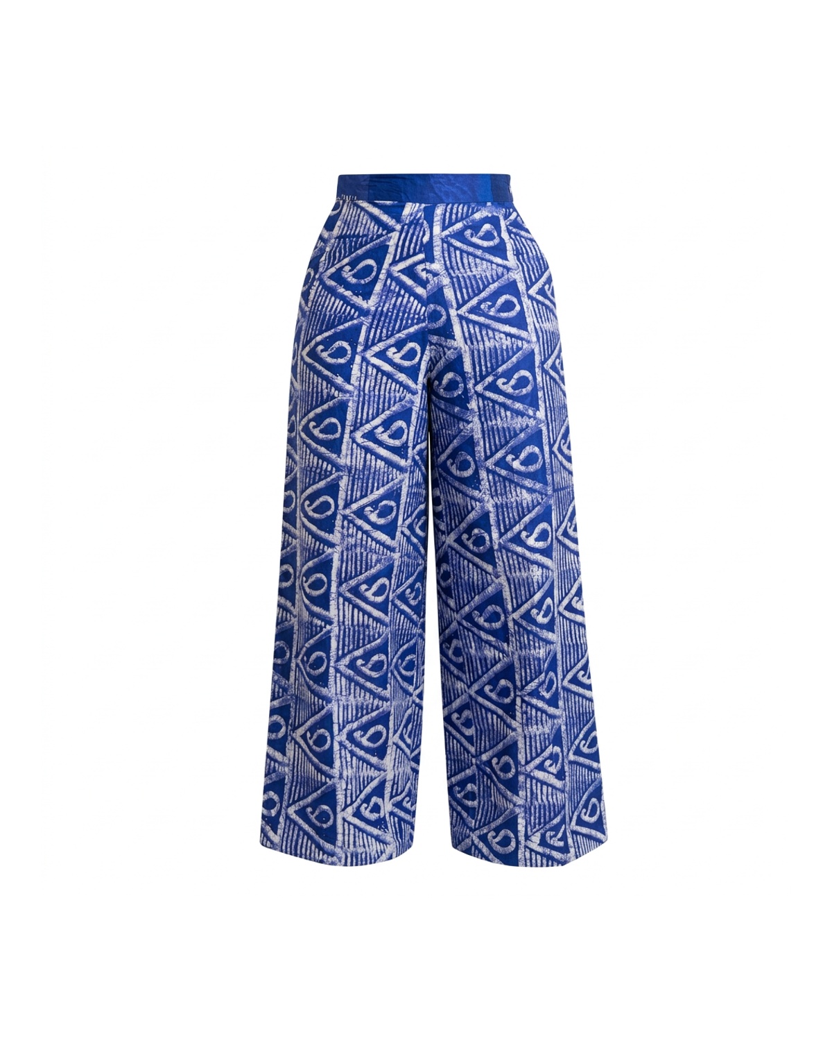 Wide-Leg Batik Trousers — Blue Geometric