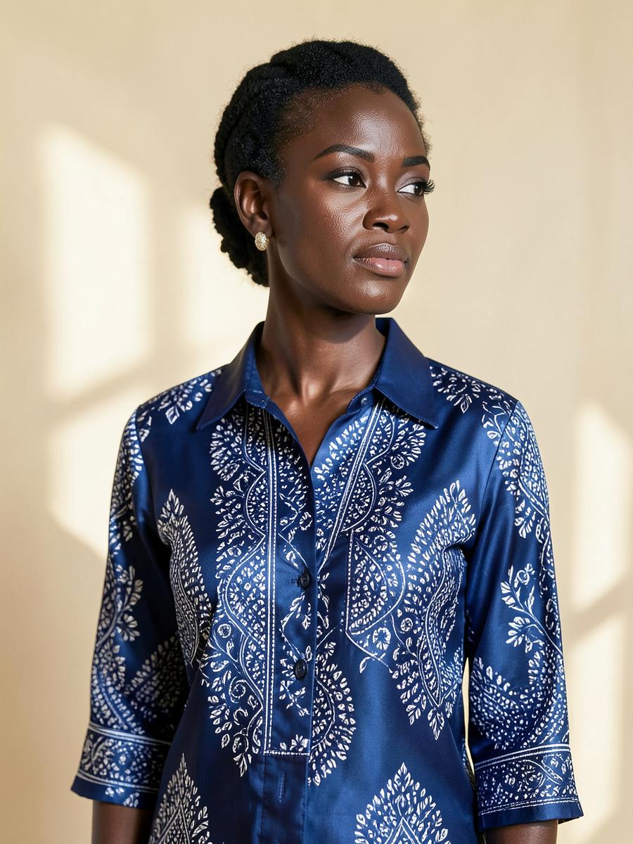 Model wearing the Nia adire silk blouse