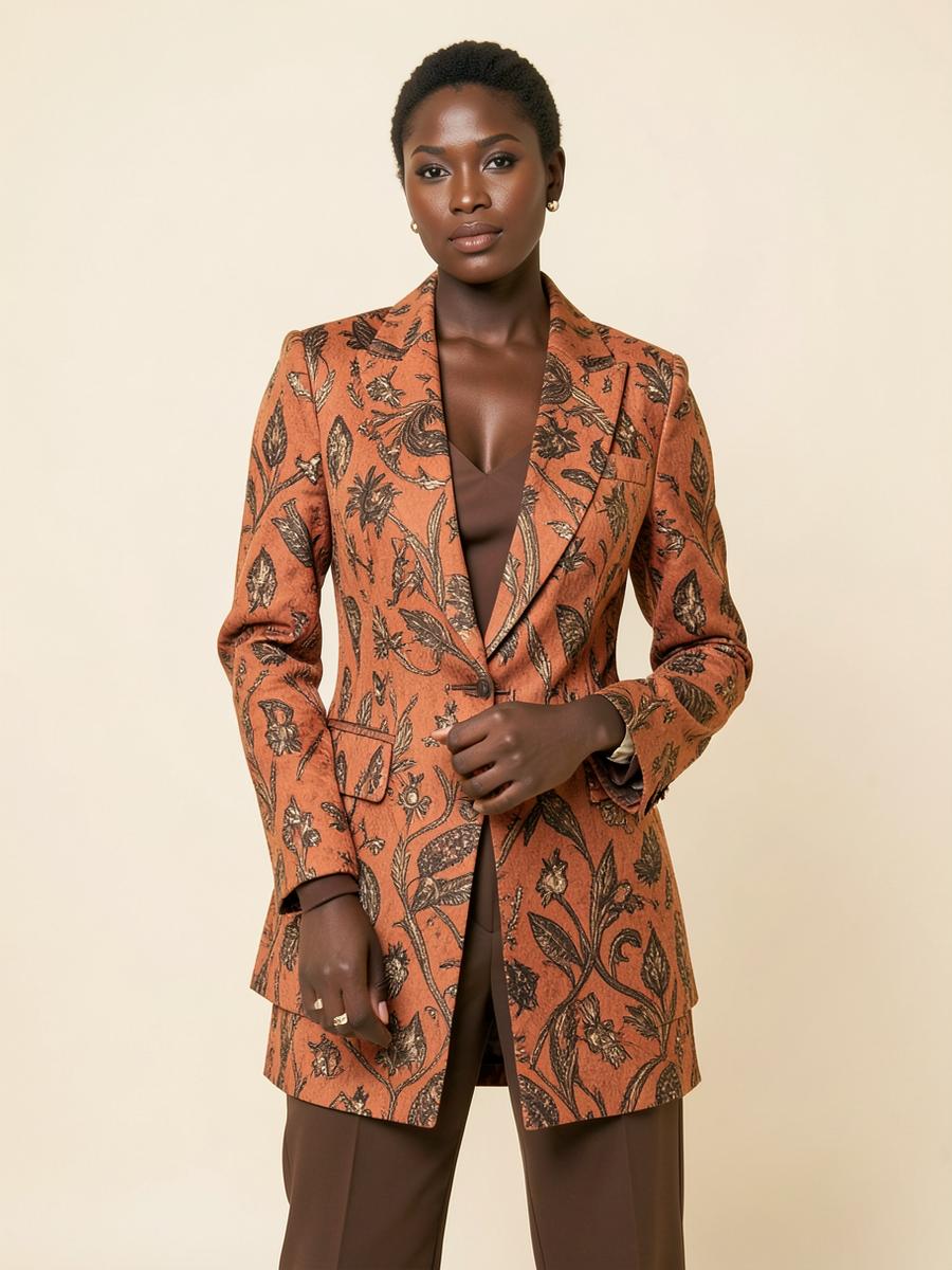 Model wearing the Bisi tailored wax blazer