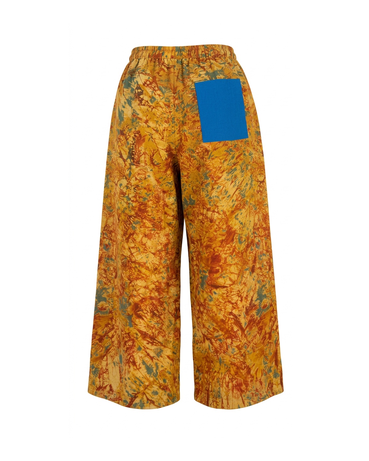 Wide-Leg Batik Trousers — Mustard with Blue Pocket