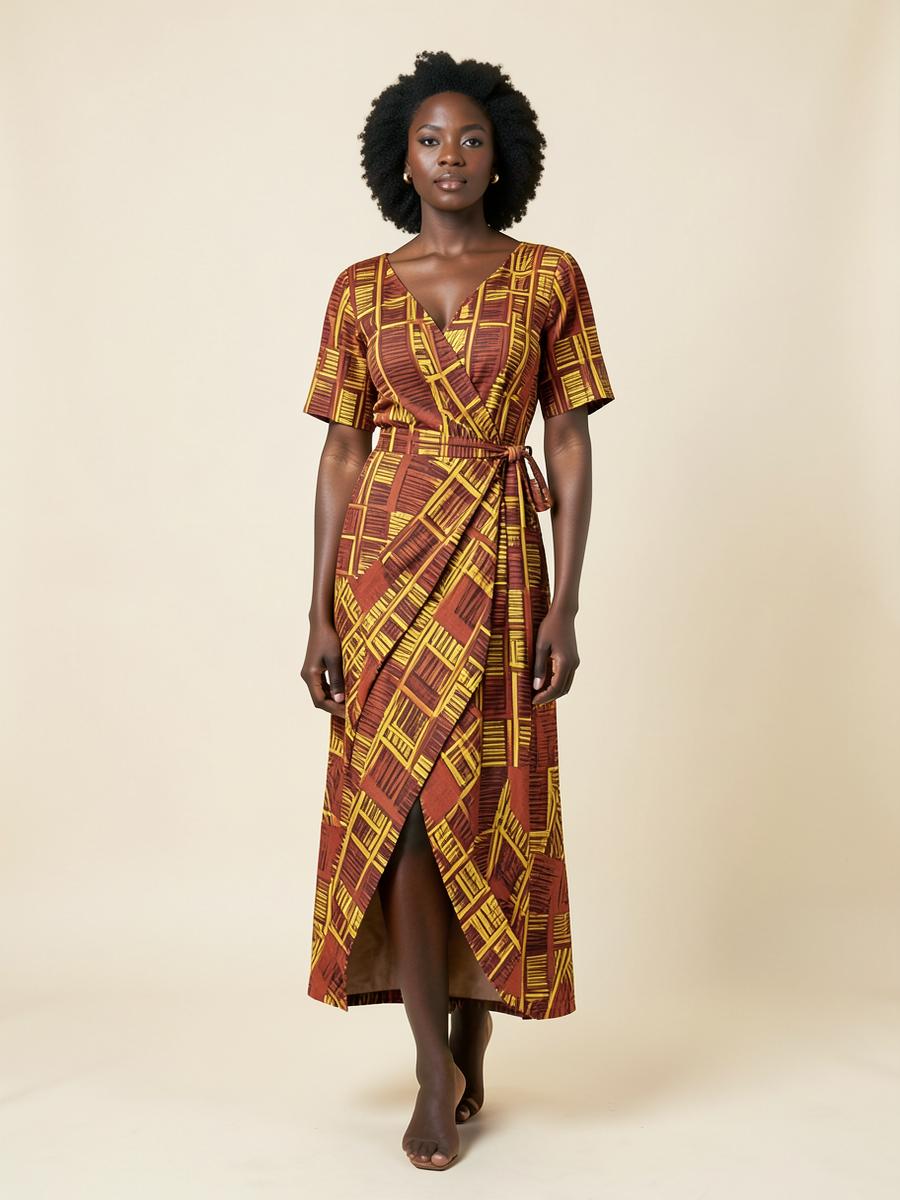 Model wearing the Zahara kente wrap dress