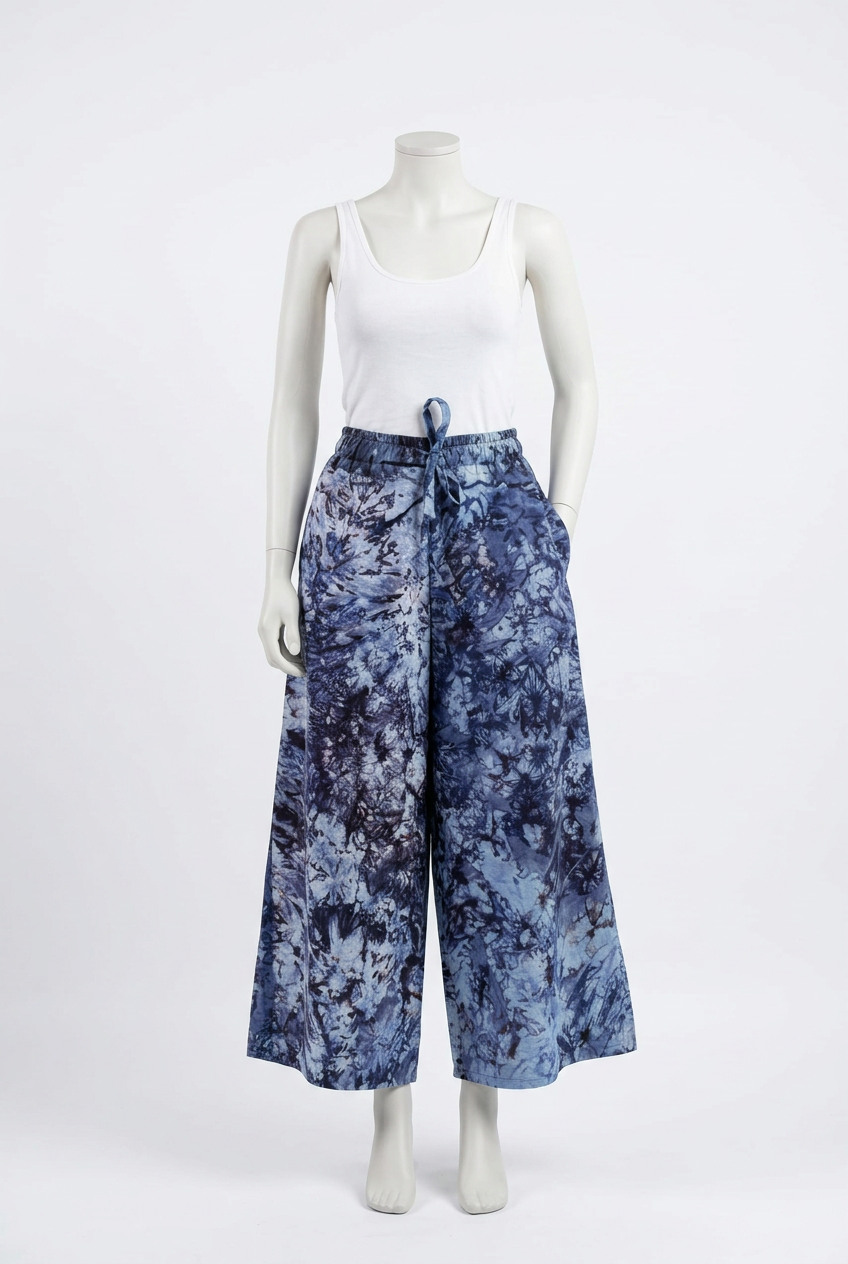 Blue Batik Wide-Leg Trousers on a mannequin