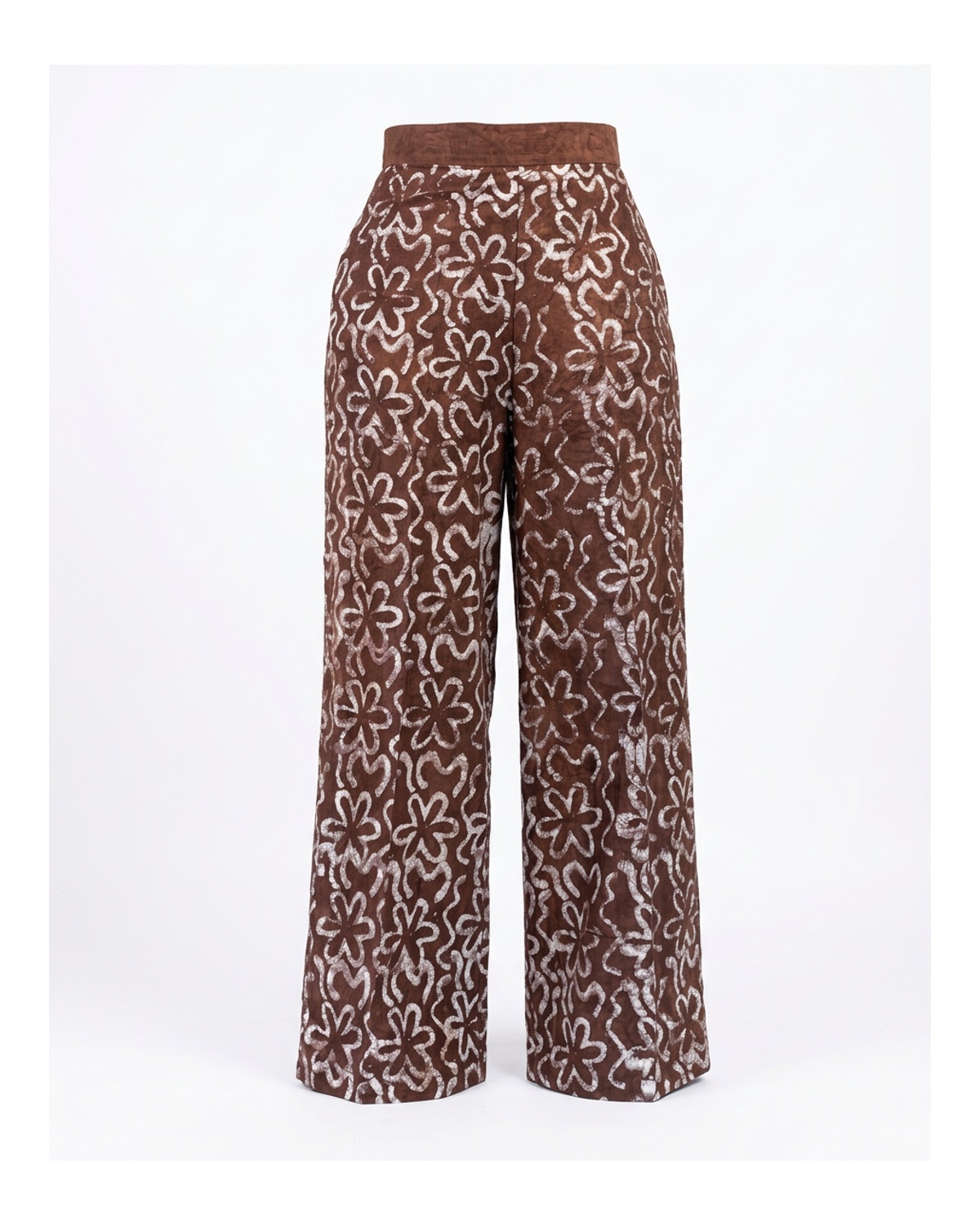 Wide-Leg Batik Trousers — Brown Floral